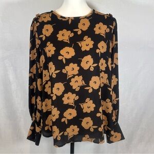 Ann Taylor black and rust floral long sleeve blouse top size large